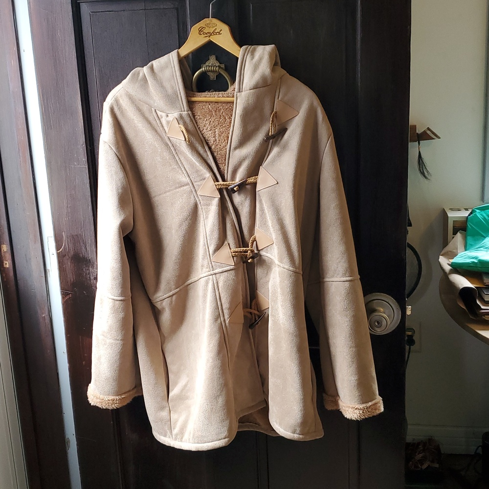 Tan Faux Shearling Hooded Toggle Coat